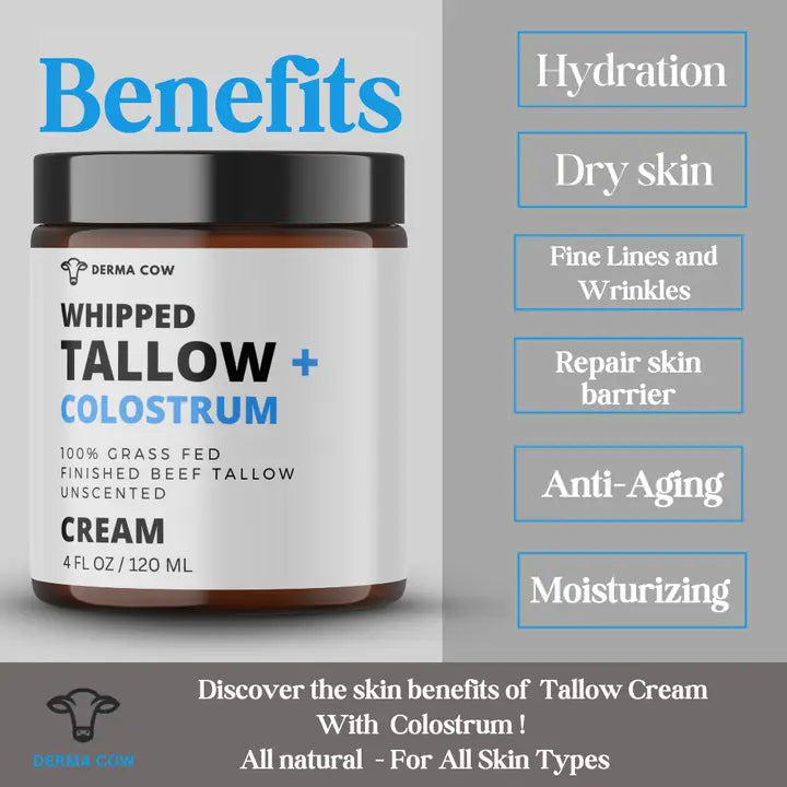 Derma Cow Whipped Tallow + Colostrum, Cream For Face and Body - 4oz