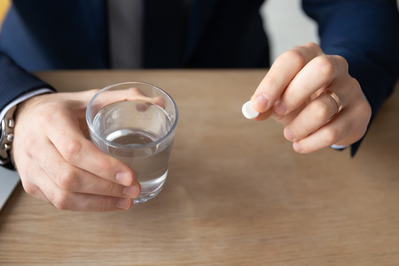 man in a suit holding glass of water and a white pill