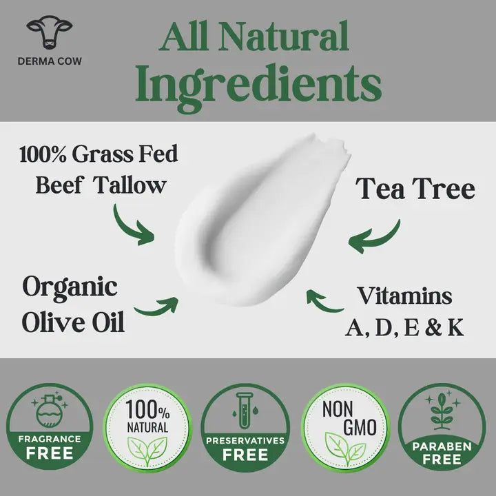 Derma Cow Whipped Tallow Cream + Tea Tree, 100% Grass Fed Beef Tallow 4oz