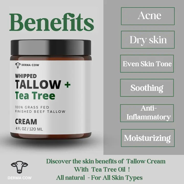Derma Cow Whipped Tallow Cream + Tea Tree, 100% Grass Fed Beef Tallow 4oz