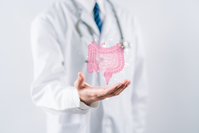 doctor with animation of small and large intestine